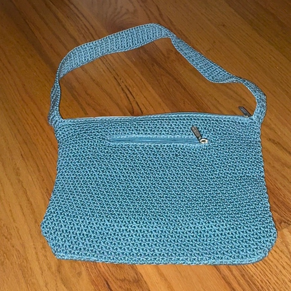 The SAK Crochet Knit Hobo Bucket Shoulder Bag Purse - Blue
